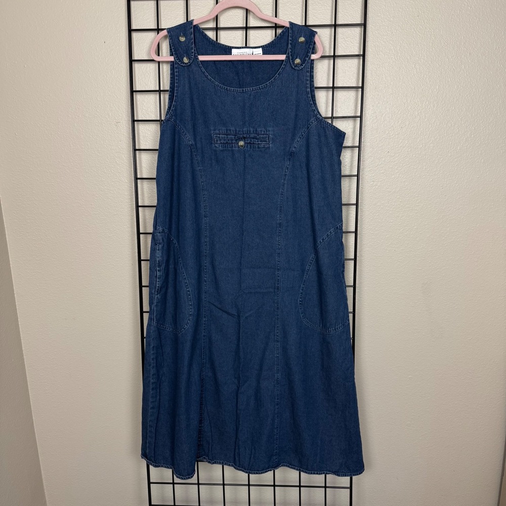 Vintage 90s Catalog Favorites Denim Jumper Dress Womens XL Blue Midi Sleeveless